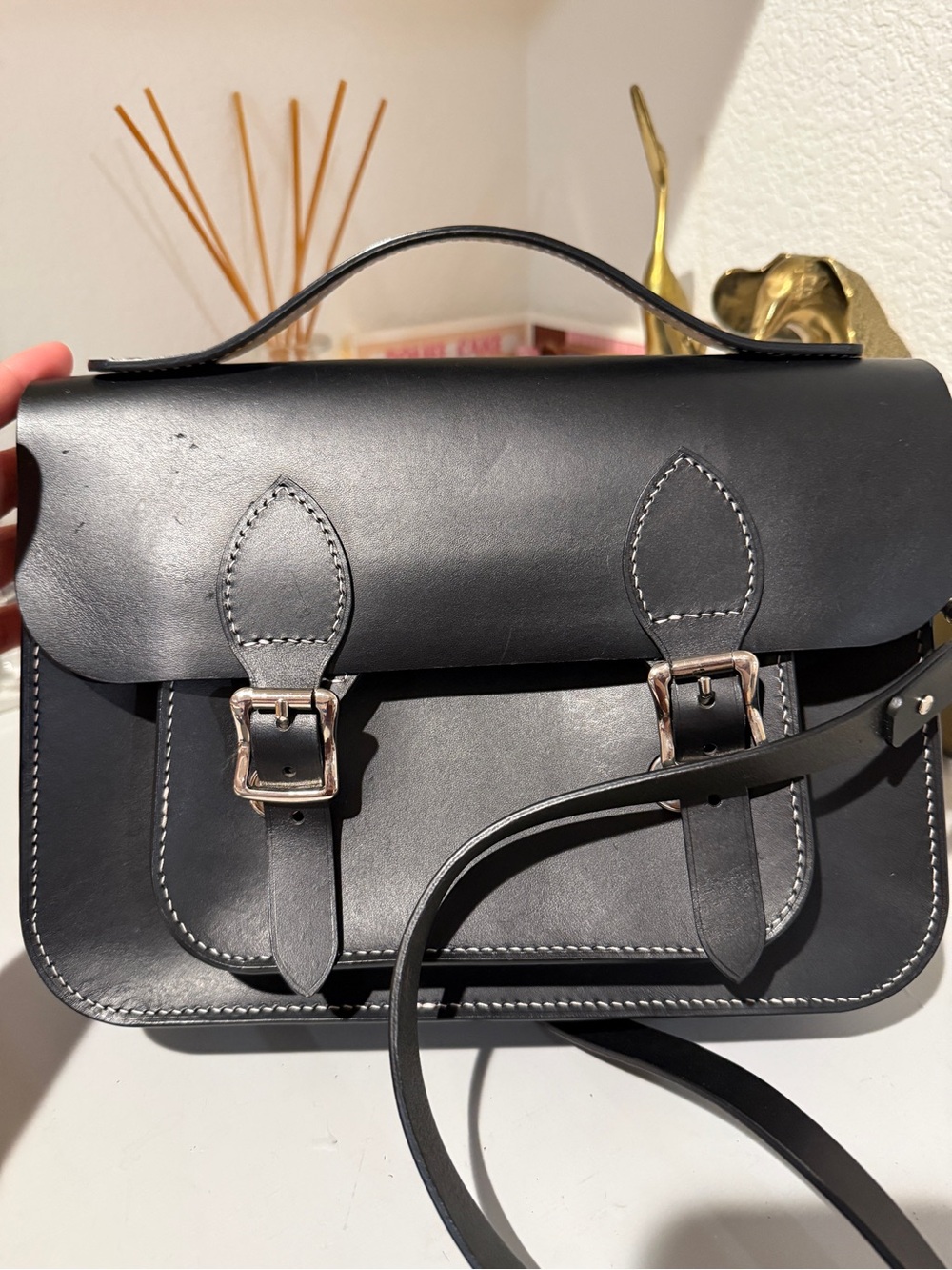Vintage handmade black leather crossbody satchel buckle bag top handle